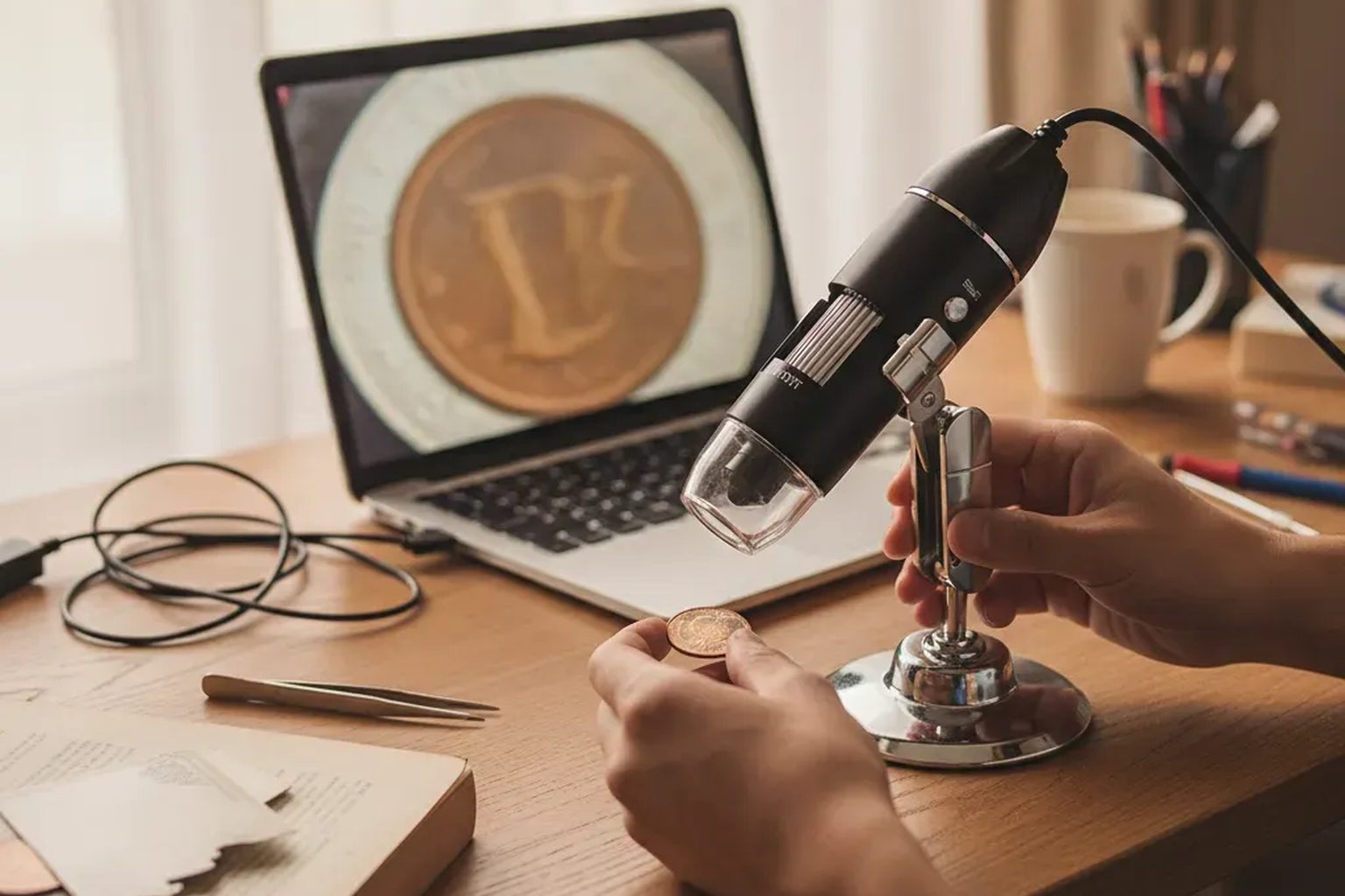 Jiusion USB digital microscope with 8-LED light on its adjustable metal stand, positioned over a UK coin